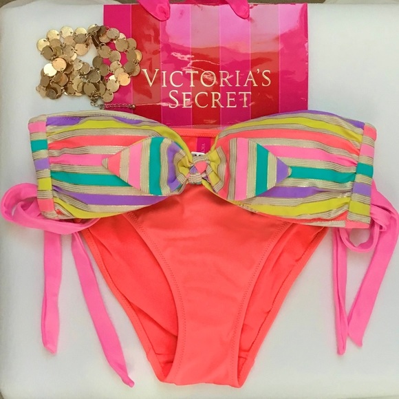 Victoria’s Secret Rainbow Gold Shimmer Stripe Bikini Top Size Small - Picture 1 of 9